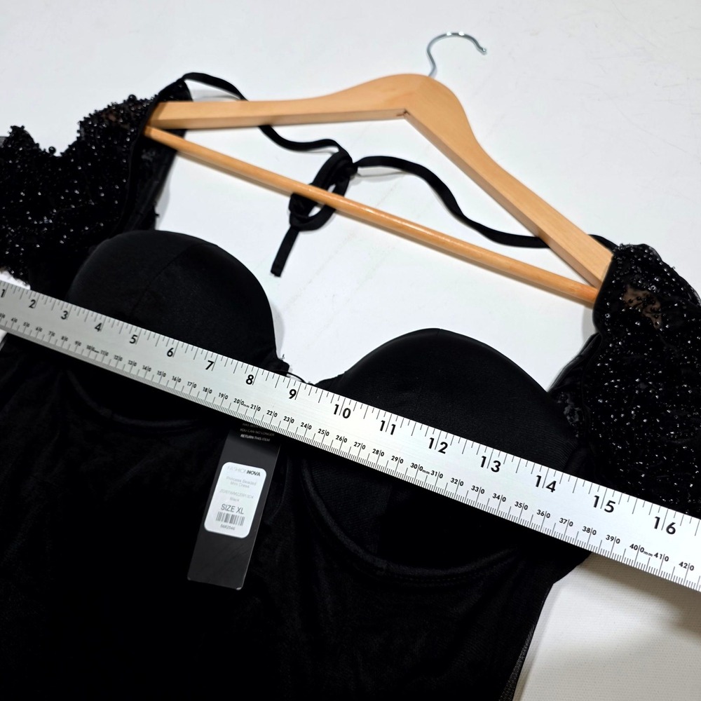 Fashion Nova Mini Dress Women XL Black Princess Beaded Ruched Mesh Bustier Party - Picture 6 of 10